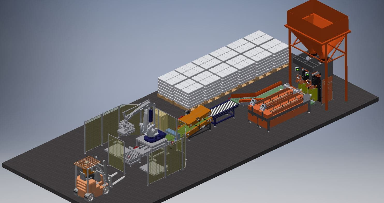 Projeto tridimensional de linha automatizada de ensacamento e paletização