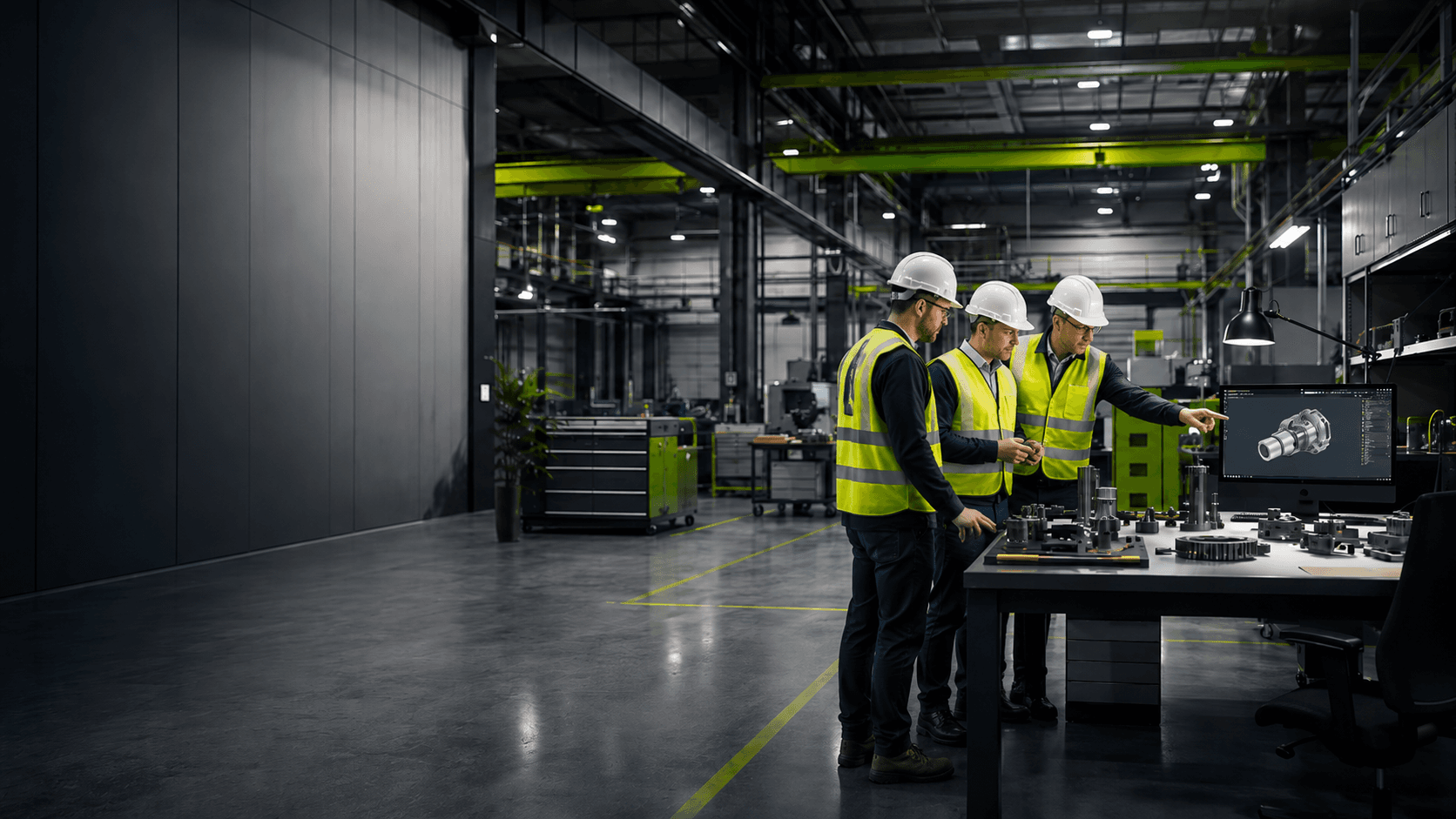 Equipe técnica da GS analisando um projeto industrial
